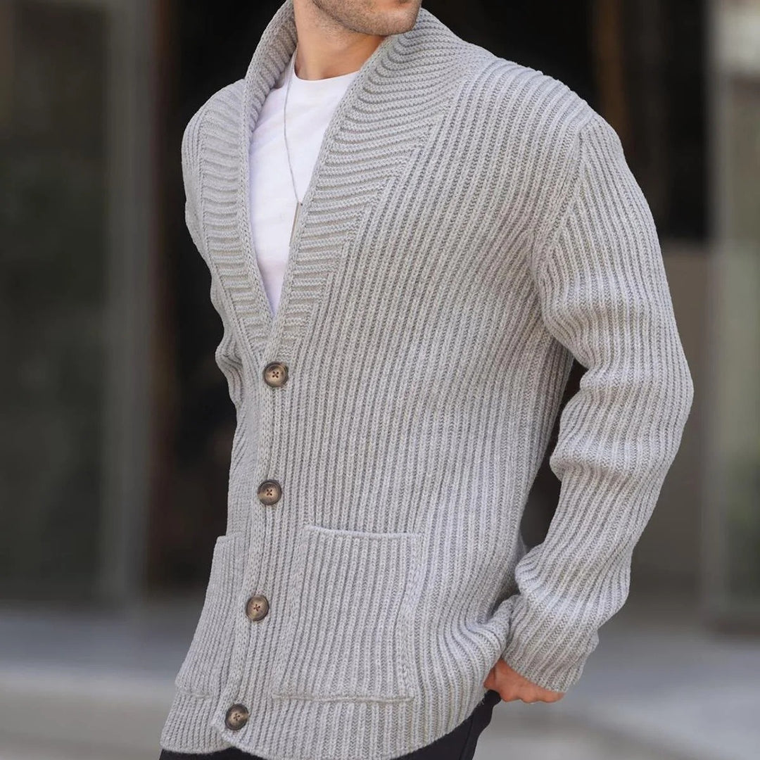 Herren Grob gestrickte Cardigan mit breitem Rippenmuster und praktischen Taschen Echoarchiv