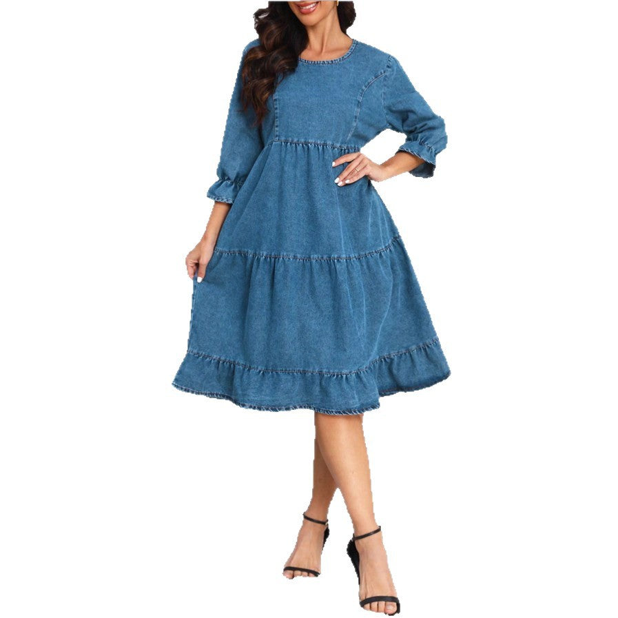 Damen Stufenvolant-Denim-Midikleid mit halblangen Ärmeln und geraffter Empire-Taille Echo Archiv