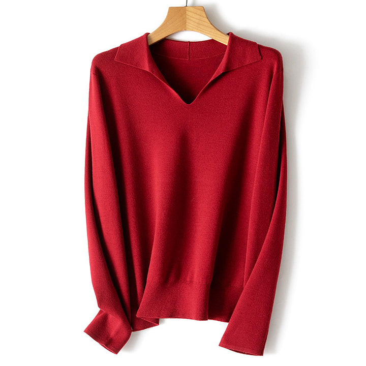 Damen feiner leichter V-Ausschnitt-Pullover mit offenem Hemdkragen und legerer Silhouette Echoarchiv