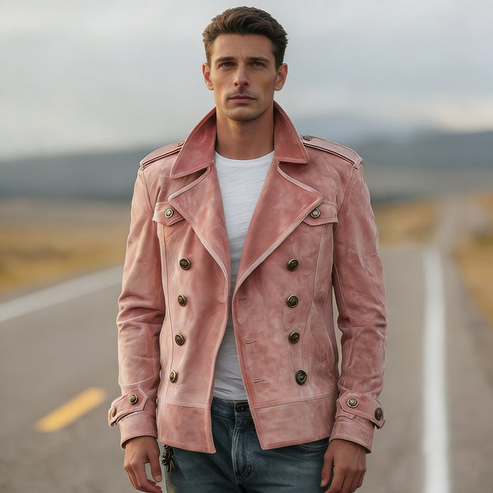 Herren nan doppeltreihige Vintage-Lederjacke mit Reverskragen und Schulterpatten Echo Archiv