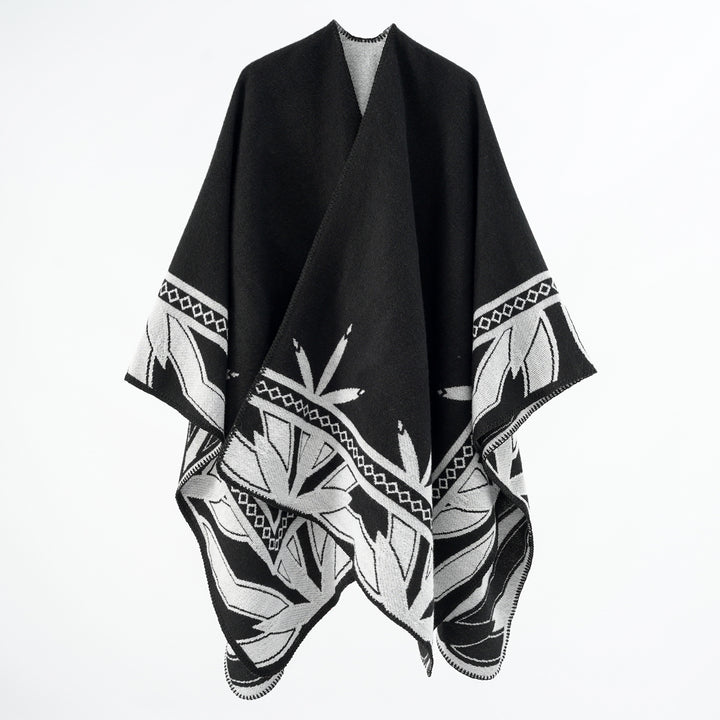 Damen Grobgewebter Umhangponcho aus Wollmix mit V-Ausschnitt und Ornamentjacquard – Veloura