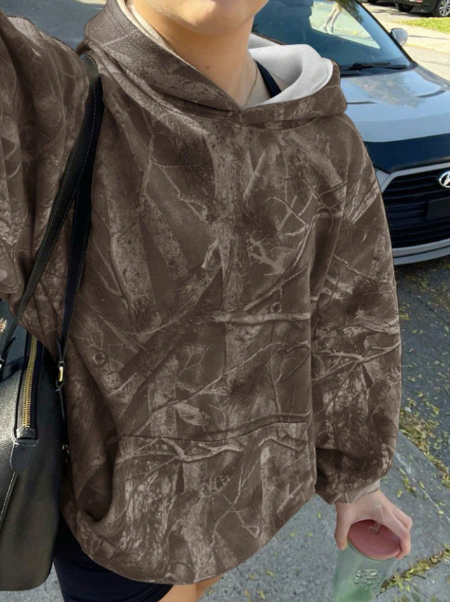 Damen Oversize Kapuzenpullover mit Naturmuster und Kängurutasche Echoarchiv