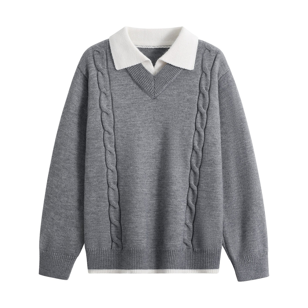 Damen Oversize-Pullover mit V-Ausschnitt, kontrastierendem Polokragen & Zopfstrick-Details Echoarchiv