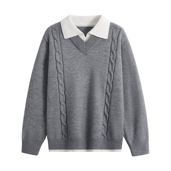 Damen Oversize-Pullover mit V-Ausschnitt, kontrastierendem Polokragen & Zopfstrick-Details Echoarchiv
