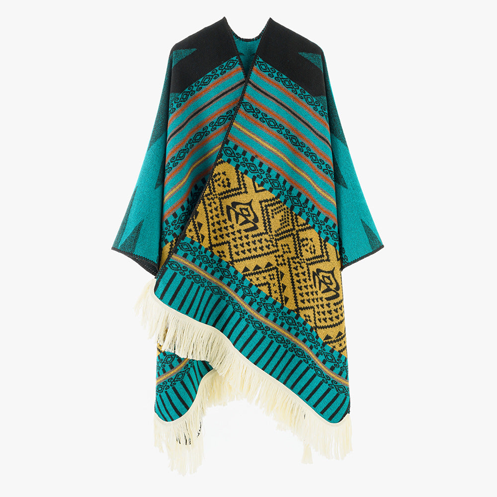 Damen Gewebter Jacquard-Poncho mit V-Ausschnitt, Ethno‑Print und Fransen – Avérine