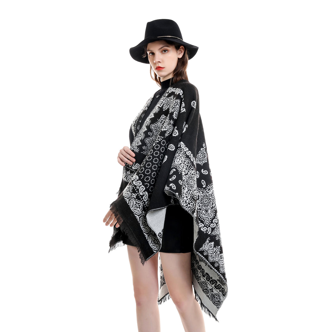 Damen Jacquard-Umhangponcho mit Paisley-Muster und Fransen Echo Archiv
