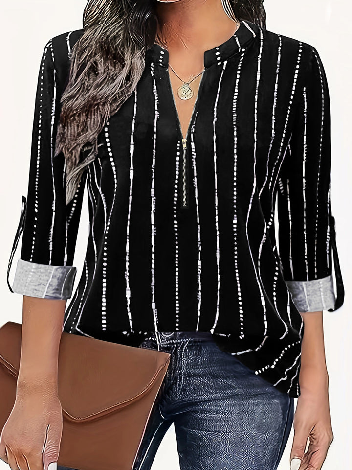 Damen Leichte Viskose-Bluse mit Stehkragen, Reißverschluss und vertikalem Punktstreifen – Élovi