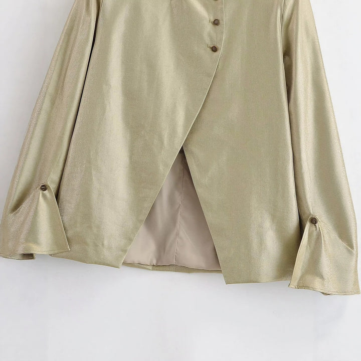 Damen Glänzende A-Linien-Jacke mit asymmetrischer Knopfleiste und Glockenärmeln Echo Archiv
