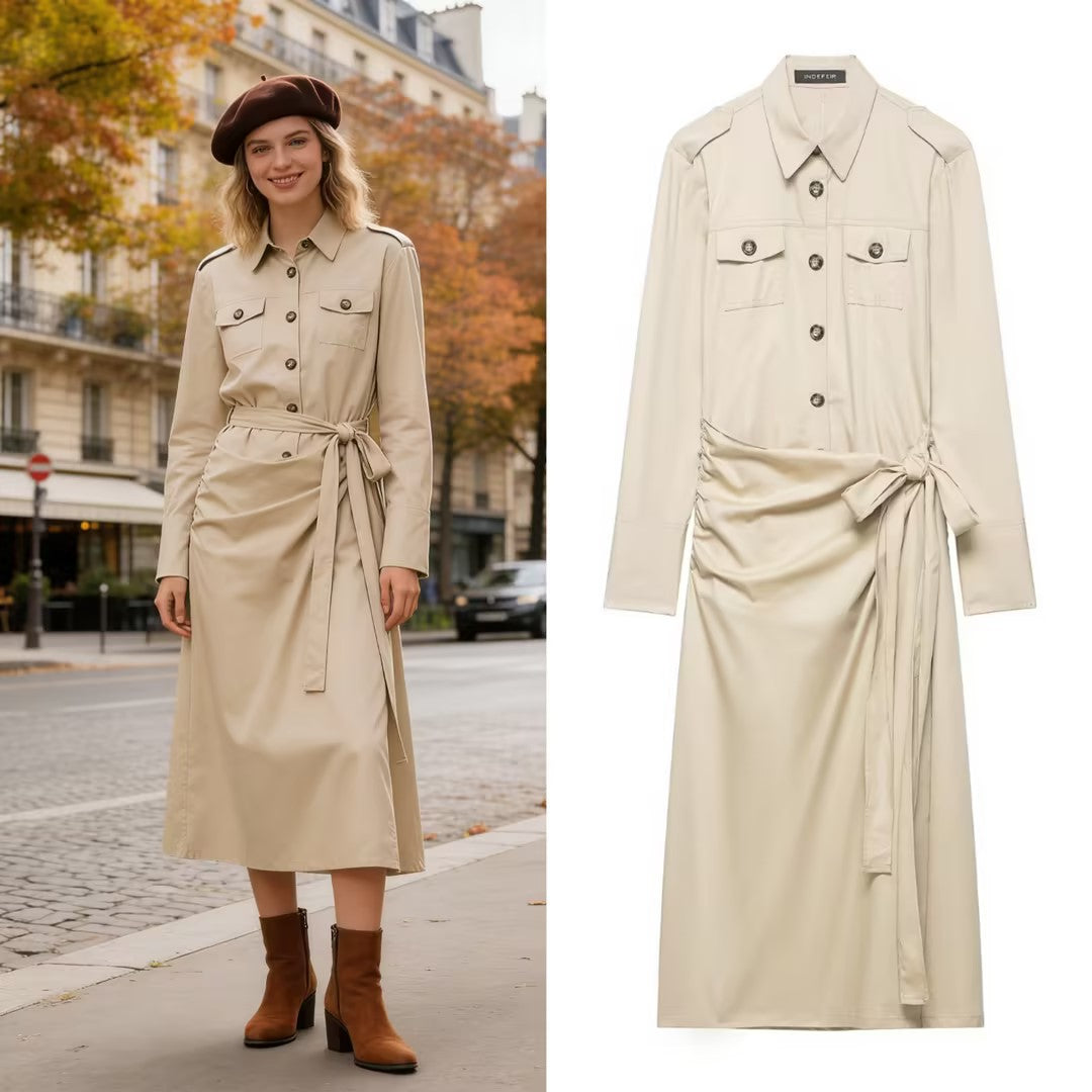 Damen Hemdblusenkleid mit Knotenbindegürtel, Pattentaschen und schmaler Taille Echo Archiv