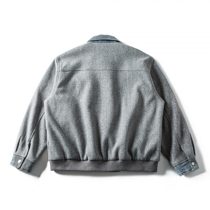 Herren Kurz geschnittener Wollmix‑Fliegerblouson mit Denim‑Kragen, verdecktem Reißverschluss und Pattentaschen Echo Archiv