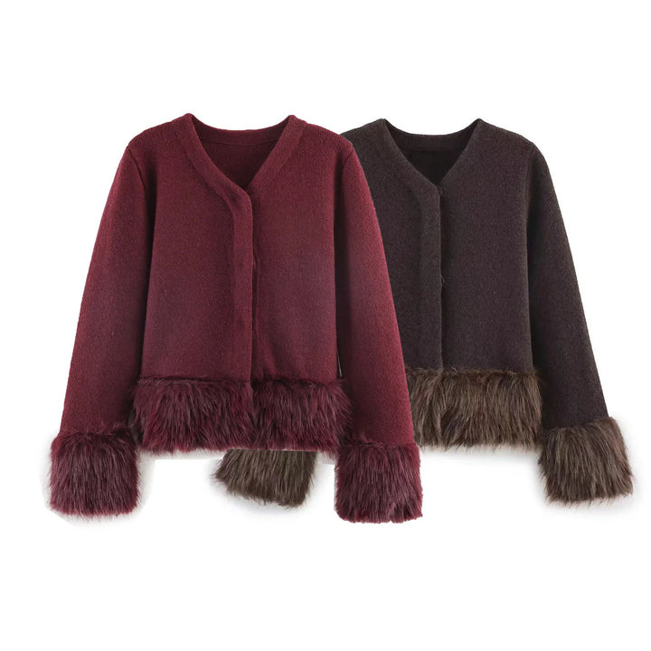 Damen kurze Wolljacke mit flauschigem Kunstfellbesatz am Saum und Ärmeln – Célinea