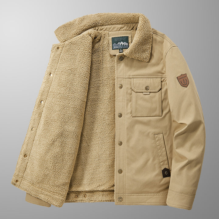 Herren Sherpa-gefütterte Canvas-Truckerjacke mit Teddyfutter und Utility‑Taschen Echo Archiv