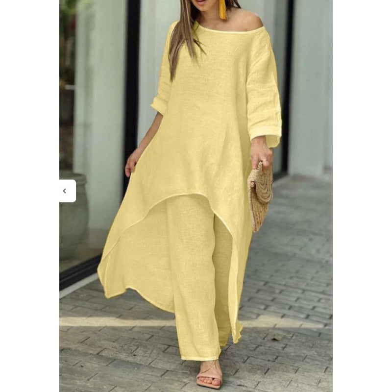 Damen Leichtes Leinen-Zweiteiler mit asymmetrischer High-Low-Tunika und weiter Palazzo-Hose Echo Archiv