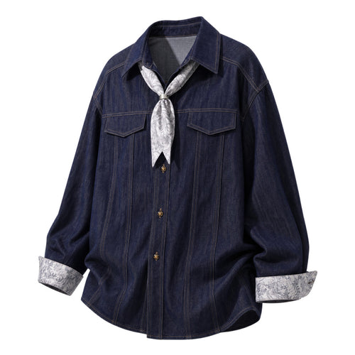 Damen Oversize-Chambray-Hemdbluse mit Ziernähten, Brustklappen & integriertem Halstuch Echoarchiv