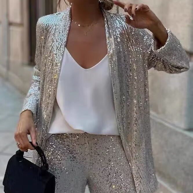 Damen festliches Pailletten-Zweiteiler mit offenem Kimono-Blazer und elastischer Plisseehose – Élanora