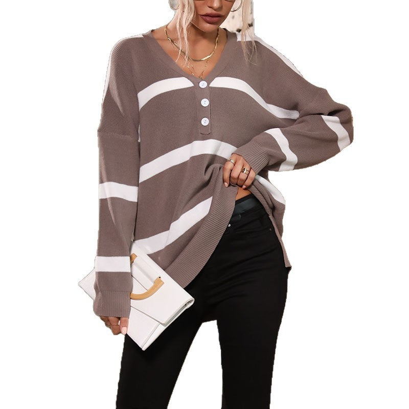 Damen Lässiger Strickpullover mit V-Ausschnitt und Knopfleiste Echo Archiv