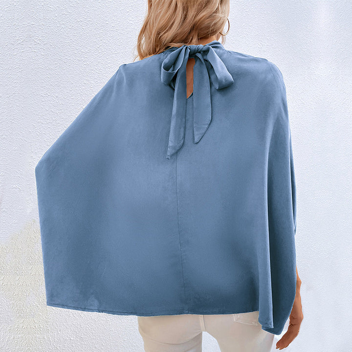 Damen Elegante Satin-Bluse mit Stehkrragen, Fledermausärmeln und Ärmelschlitzen – Élovi