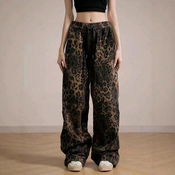 Damen Weit geschnittene Leinenhose mit Leopardenmuster Echo Archiv