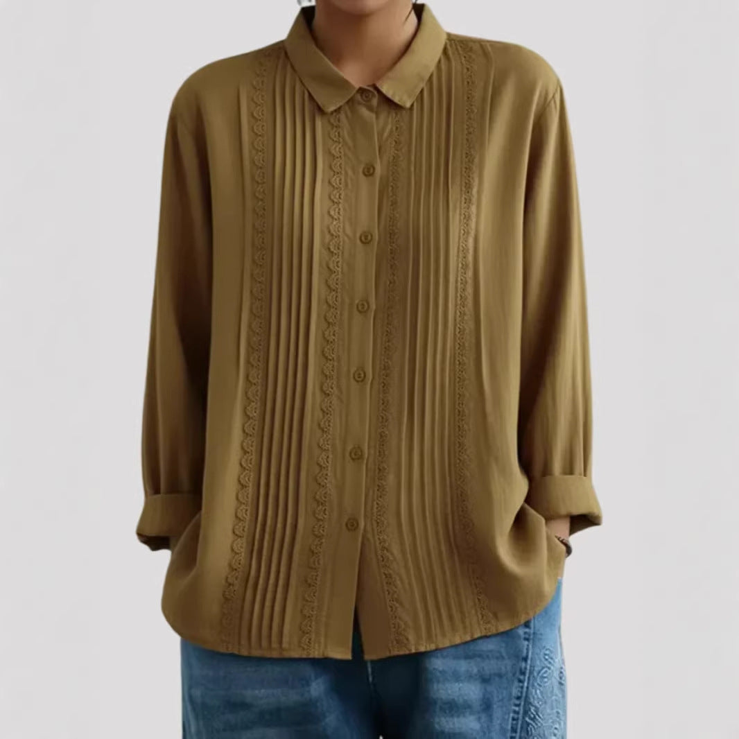 Damen Elegante Bluse mit feinen Falten und Spitzenbesatz