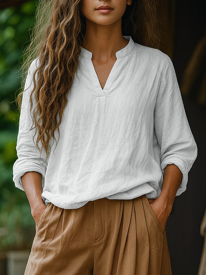 Damen Casual Tunika-Bluse in Leinenoptik mit kleinem Stehkragen und V‑Schlitz – Élovi