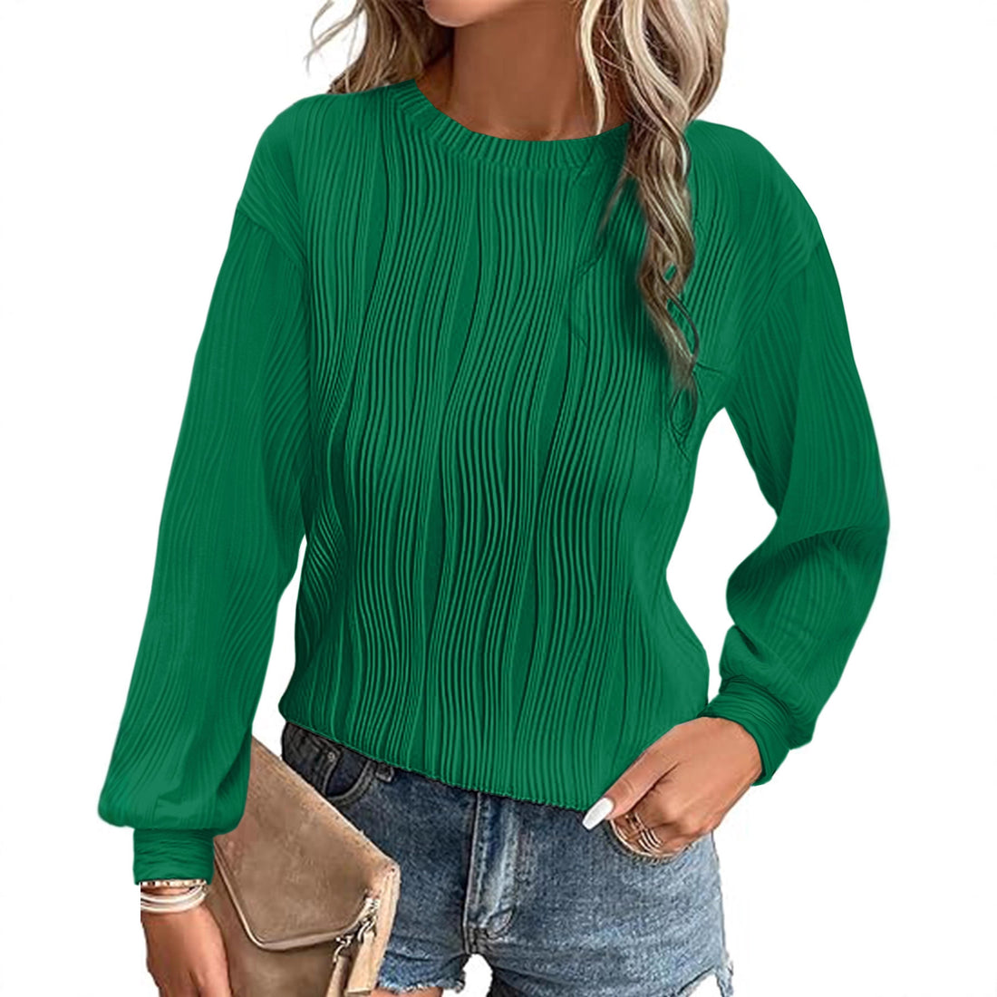 Damen Fein plissiertes Langarmshirt mit Rundhalsausschnitt und strukturierter Wellenoptik – Élovi