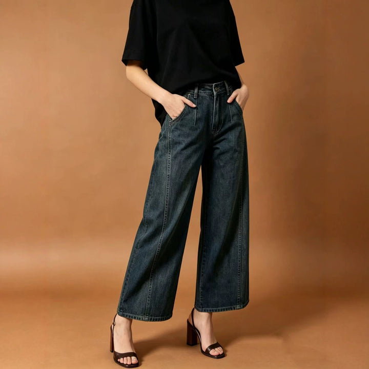 Damen nan hohe Taille Plissée Wide-Leg-Denimhose mit verkürztem Bein und dekorativen Vorderfalten Echo Archiv