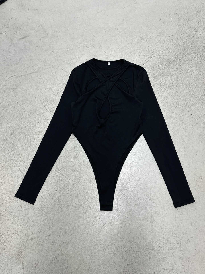 Damen Langarm Bodysuit mit raffiniertem Kreuz-Design und Hochbund Echo Archiv