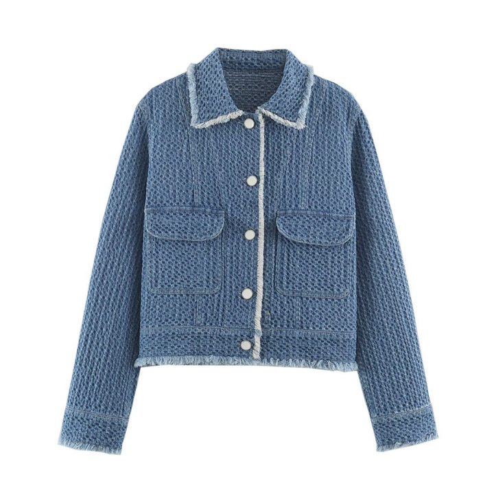 Damen Cropped Boxy-Jeansjacke mit Waffelstruktur, aufgesetzten Pattentaschen und Fransenabschluss Echo Archiv