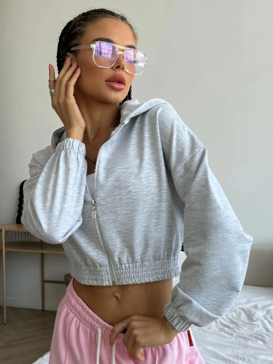Damen Kurzgeschnittene Kapuzenjacke mit Reißverschluss, elastischem Bund und legerer Passform – Auréline