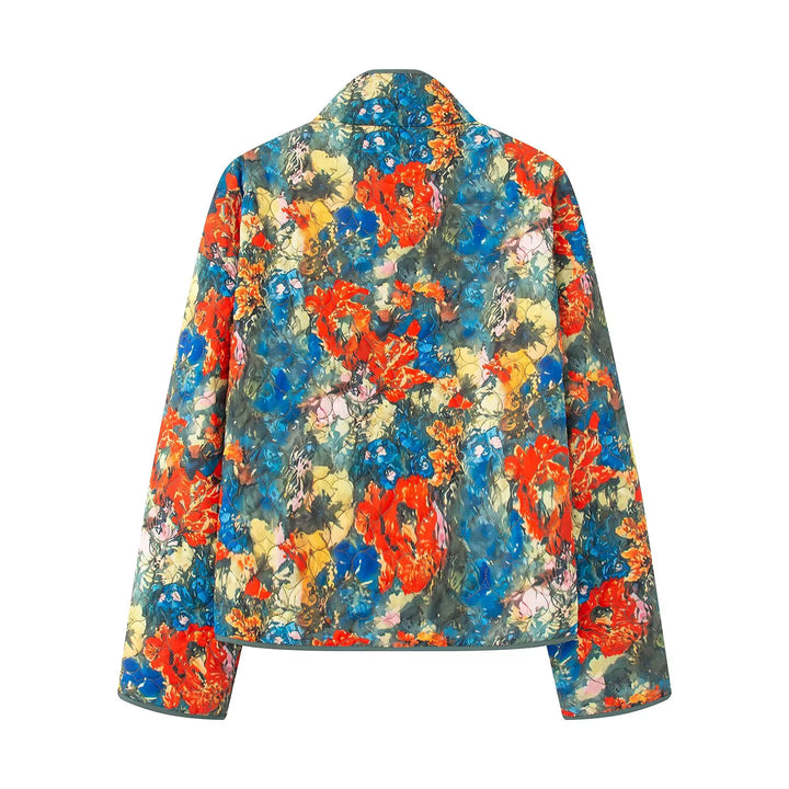Damen gesteppte Aquarell-Blousonjacke mit Cordbesatz Stehkragen und aufgesetzten Taschen – Célinea