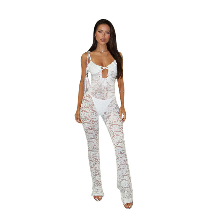 Damen stilvolles Langarm-Catsuit mit Spitzenverzierung und raffiniertem Ausschnitt Echo Archiv