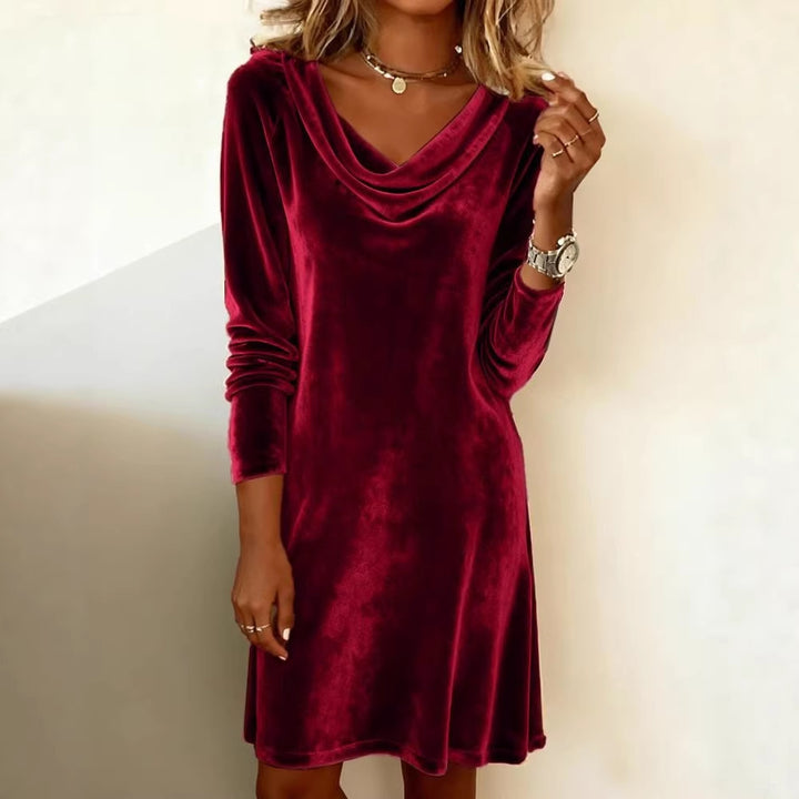 Damen Elegantes Samt-Minikleid mit Wasserfall-Ausschnitt und schmaler Silhouette Echoarchiv