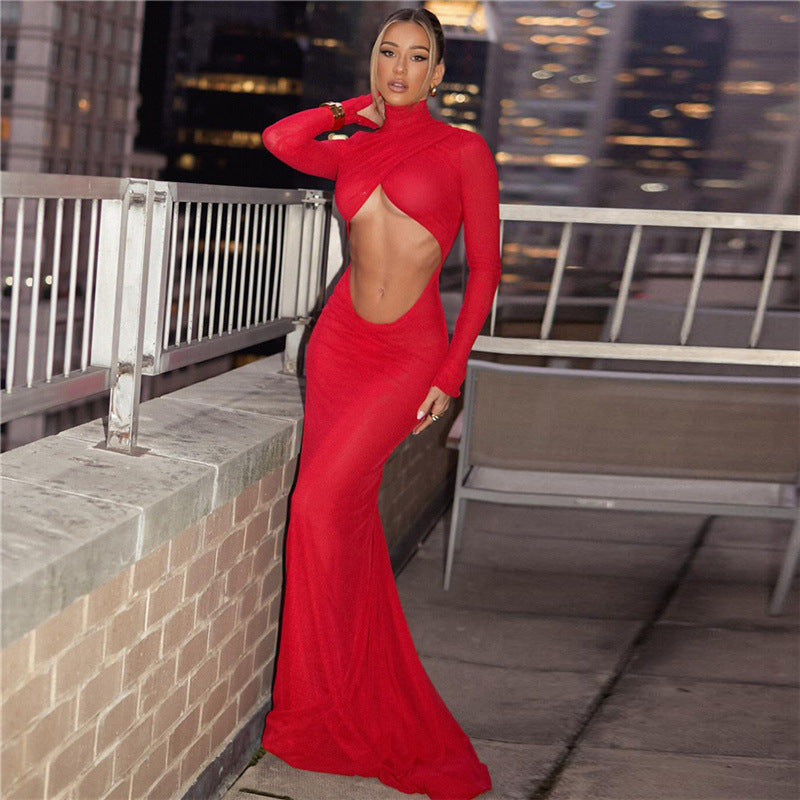 Damen figurbetontes Maxikleid mit asymmetrischem Cut-Out und hochgeschlossenem Kragen Echo Archiv