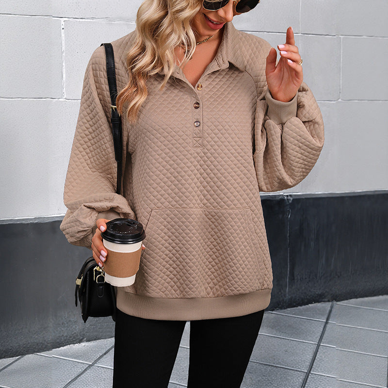 Damen Stepp-Polo-Sweatshirt mit Knopfleiste, Kängurutasche und Balloon-Ärmeln Echoarchiv