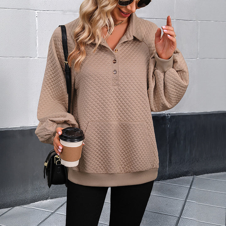 Damen Stepp-Polo-Sweatshirt mit Knopfleiste, Kängurutasche und Balloon-Ärmeln Echoarchiv