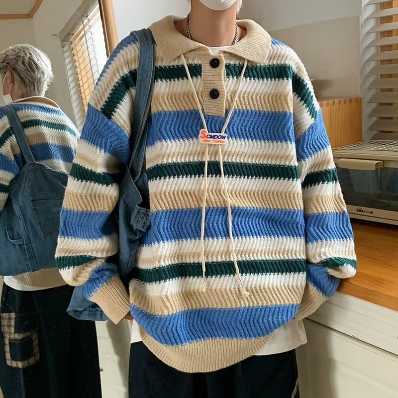 Herren lässige Strickjacke mit stylischem Kragen und kontrastierenden Streifen Echoarchiv
