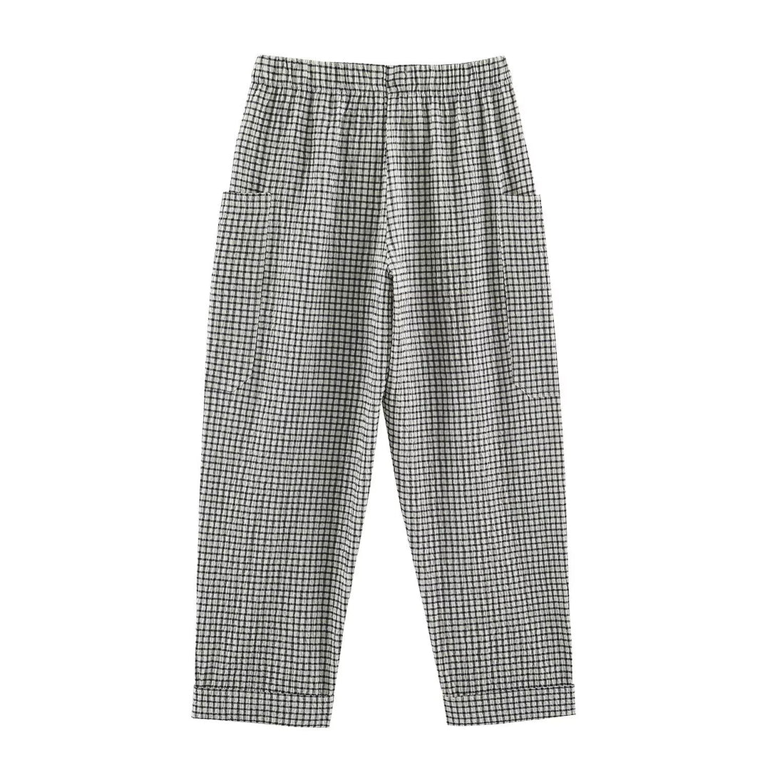 Damen Leichte karierte Seersucker-Hose mit Gummibund, aufgesetzten Taschen und schmal zulaufendem Bein Echo Archiv