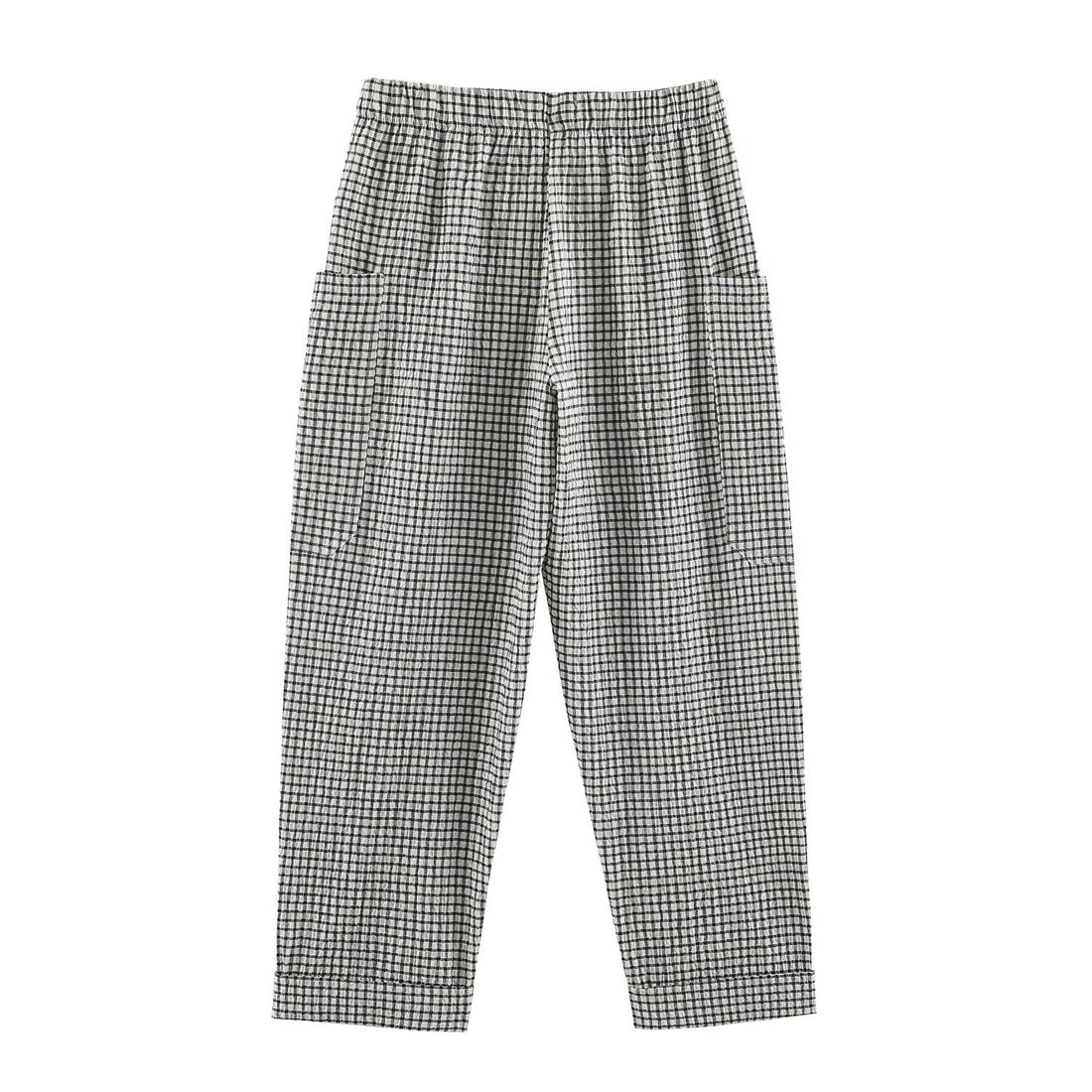Damen Leichte karierte Seersucker-Hose mit Gummibund, aufgesetzten Taschen und schmal zulaufendem Bein Echo Archiv