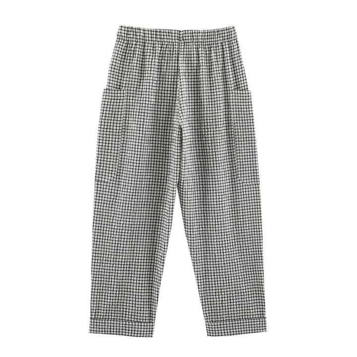 Damen Leichte karierte Seersucker-Hose mit Gummibund, aufgesetzten Taschen und schmal zulaufendem Bein Echo Archiv