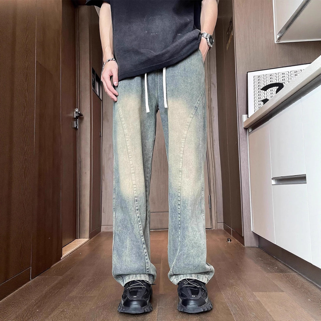 Unisex Weit geschnittene Denimhose mit elastischem Bund Echo Archiv