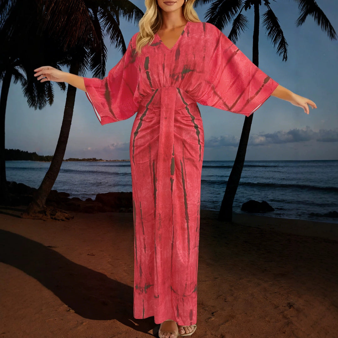 Damen Fließendes Maxikleid mit V‑Ausschnitt, Wickeloptik und dekorativem Taillenband – Valéora