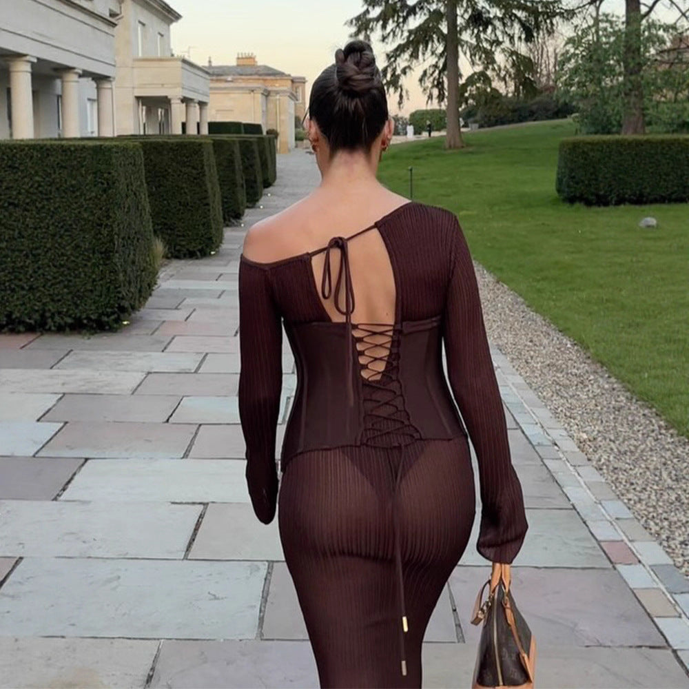 Damen One-Shoulder Maxikleid mit formendem Korsettbund und Rippstrick Echoarchiv