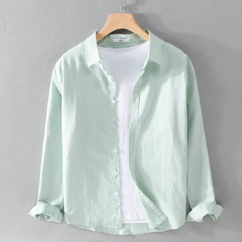 Herren Leinenmix-Layering-Overshirt mit Kentkragen, gerundetem Saum und Soft‑Touch Echoarchiv