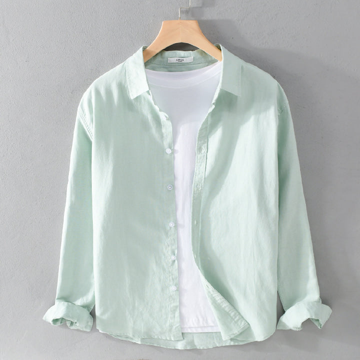 Herren Leinenmix-Layering-Overshirt mit Kentkragen, gerundetem Saum und Soft‑Touch Echoarchiv
