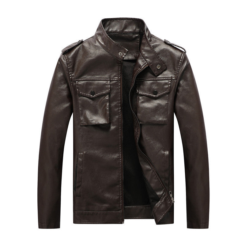 Herren Kunstlederjacke im Fieldstil mit Stehkragen, Schulterpatten und Brustklappentaschen – Taviero