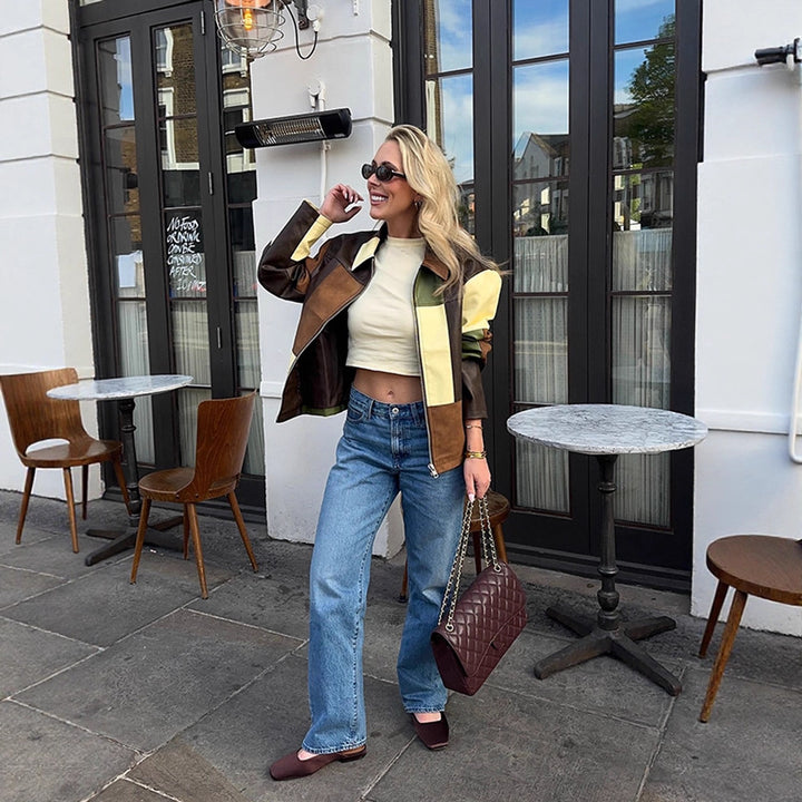 Damen Patchwork-Lederjacke mit Reißverschluss und Oversize-Boxy-Schnitt Echoarchiv