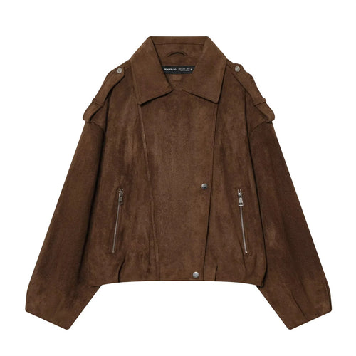 Damen kastige Cropped-Bikerjacke aus Wildlederimitat mit Schulterklappen und Reißverschlusstaschen – Célinea