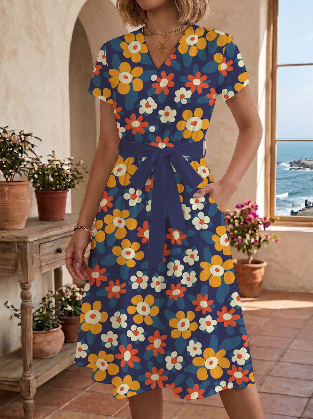 Damen lässiges Maxikleid mit taillierbarem Knoten und dekorativem Karomuster Echo Archiv