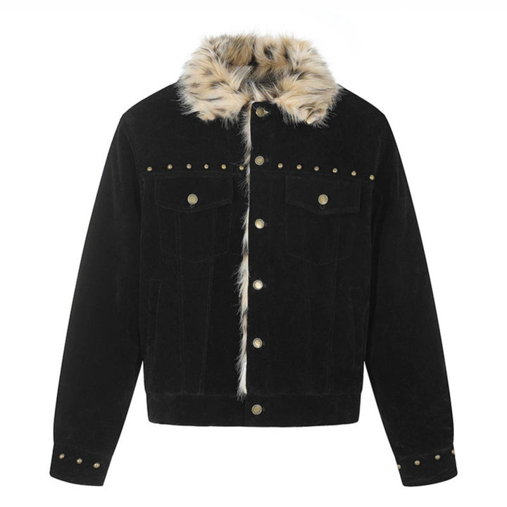 Herren Veloursleder-Truckerjacke mit Kunstfellkragen, Nietenbesatz und Druckknopfverschluss Echoarchiv