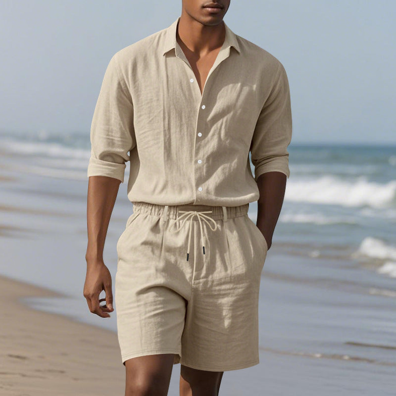 Herren lässiges Leinenhemd mit modischem Henley-Kragen und praktischen Brusttaschen Echoarchiv
